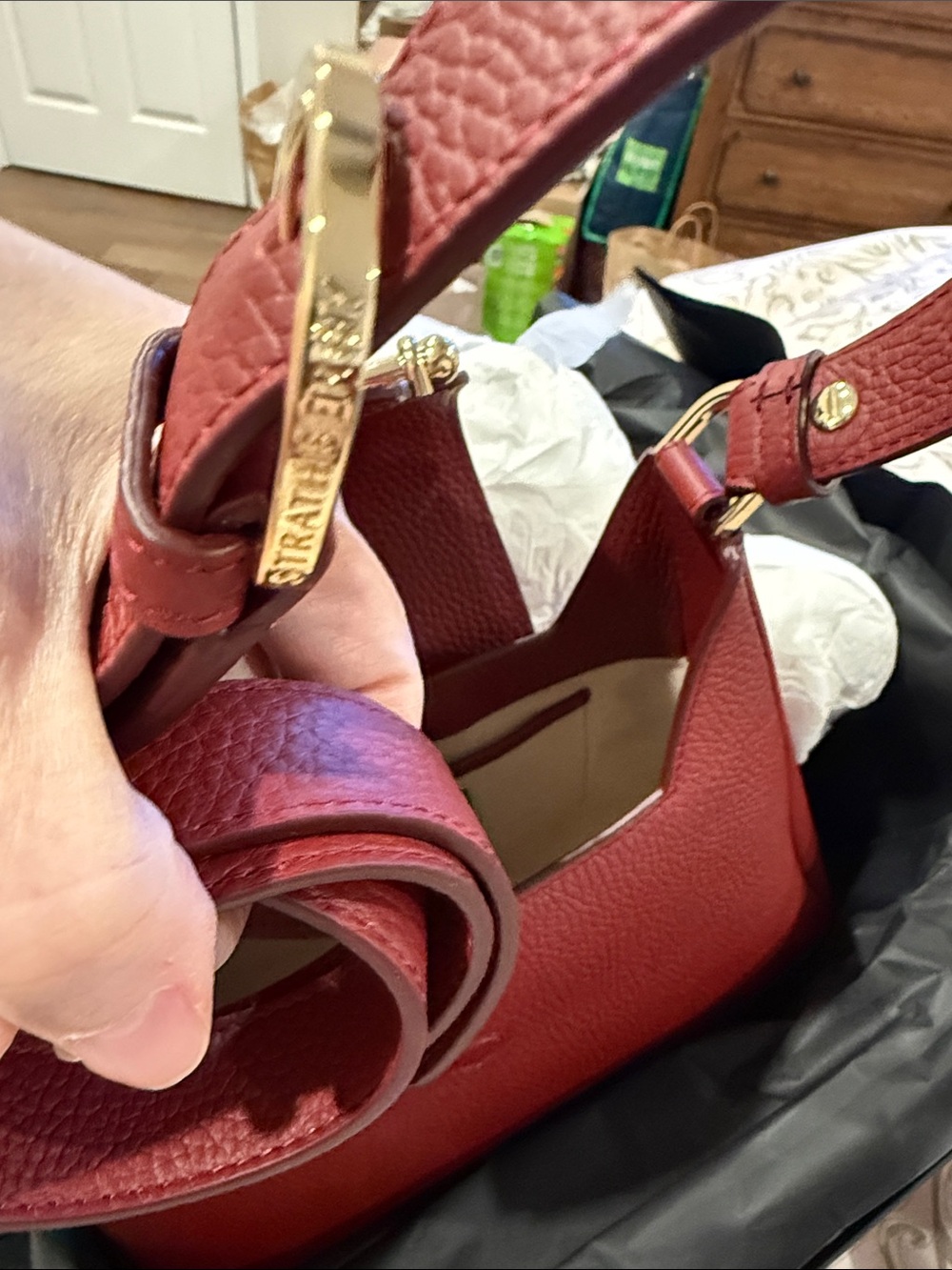 Strathberry Luxurious Burgundy Shoulder Bag with Gold Detail - Picture 14 of 16